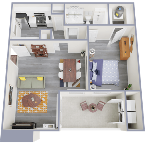 Floor plan for 1 bed, 1 bath, 689 sqft